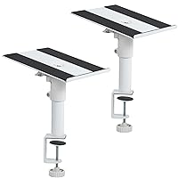 VIVO Clamp-on Speaker Stand Desk Mount Set, 10 x 9 inch Trays, Height Adjustment and Tilt, Universal Audio Holders for Computer and Bookshelf Speakers, Elevated Sound, 2 Pack, White, MOUNT-SP01CW