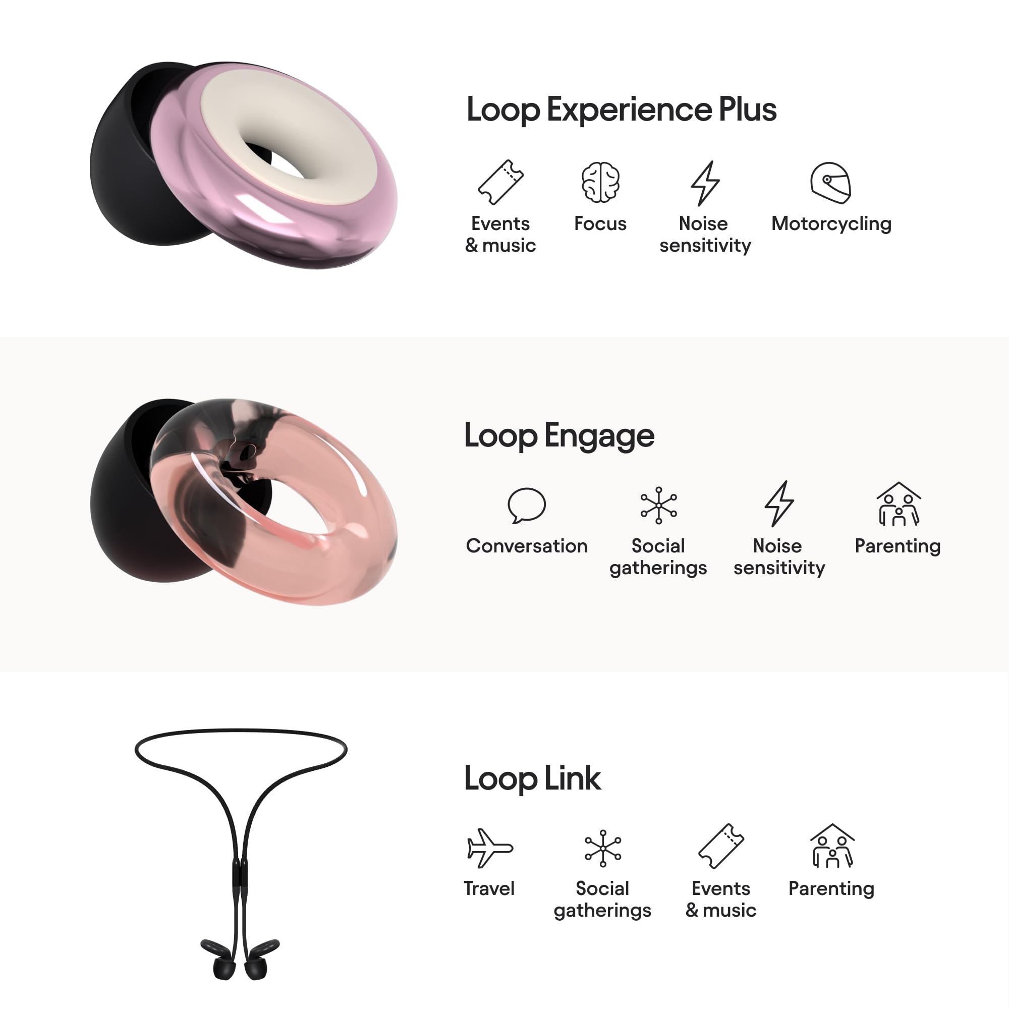 Loop Earplugs Social Link Bundle (2-Pack) – Loop Experience Plus + Engage + Loop Link | Reusable Ear Plugs for Focus, Noise Sensitivity, Music, Events, Parenting & More | 16 dB/18 dB Noise Reduction