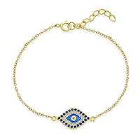 Delicate Minimalist Protection Amulet Cubic Zirconia Pave CZ Navy Blue Evil Eye Charm Bracelet For Teen Women Yellow 14K Rose Gold Plated .925 Sterling Silver 7-8 Inch Adjustable Made In Turkey
