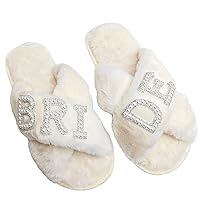 Fuzzy Bride Slippers Bride Gifts for Bridal Shower Cross Band Slippers Soft Wedding Slippers
