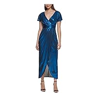 GUESS Womens Blue Metallic Lined Zippered Tulip Hem Short Sleeve Surplice Neckline Tea-Length Cocktail Hi-Lo Dress 0