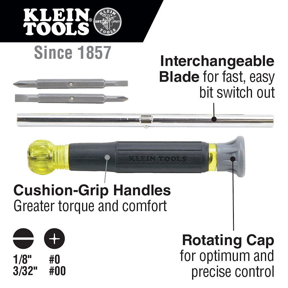 Klein Tools 32581 4-in-1 Electronics Screwdriver Set with Precision Machines Bits: 2 Slotted, 2 Phillips, and Cushion Grip Handles, 4-Piece