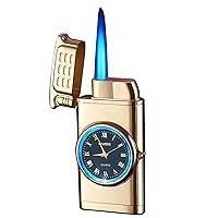 2 in 1 Cigar Lighter with Powerful Jet Blue Flame, Windproof Gas Lighters Refillable, Adjustable Candle BBQ Lighter with LED Watch Gift for Father Dad Husband(Without Butane)