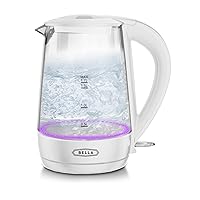 BELLA 1.7 Liter Glass Electric Kettle, Quickly Boil 7 Cups of Water in 6-7 Minutes, Soft Purple LED Lights Illuminate While Boiling, Cordless Portable Water Heater, Carefree Auto Shut-Off, White