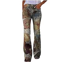 Women's Sunflower Print Flare Jeans Casual Loose Denim Pants 70s Stretch Bell Bottom Skinny Jeans with Pockets