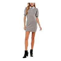 Womens Stretch Tie Lined Cable-Knit Pullover Pouf Sleeve Point Collar Mini Party Sweater Dress