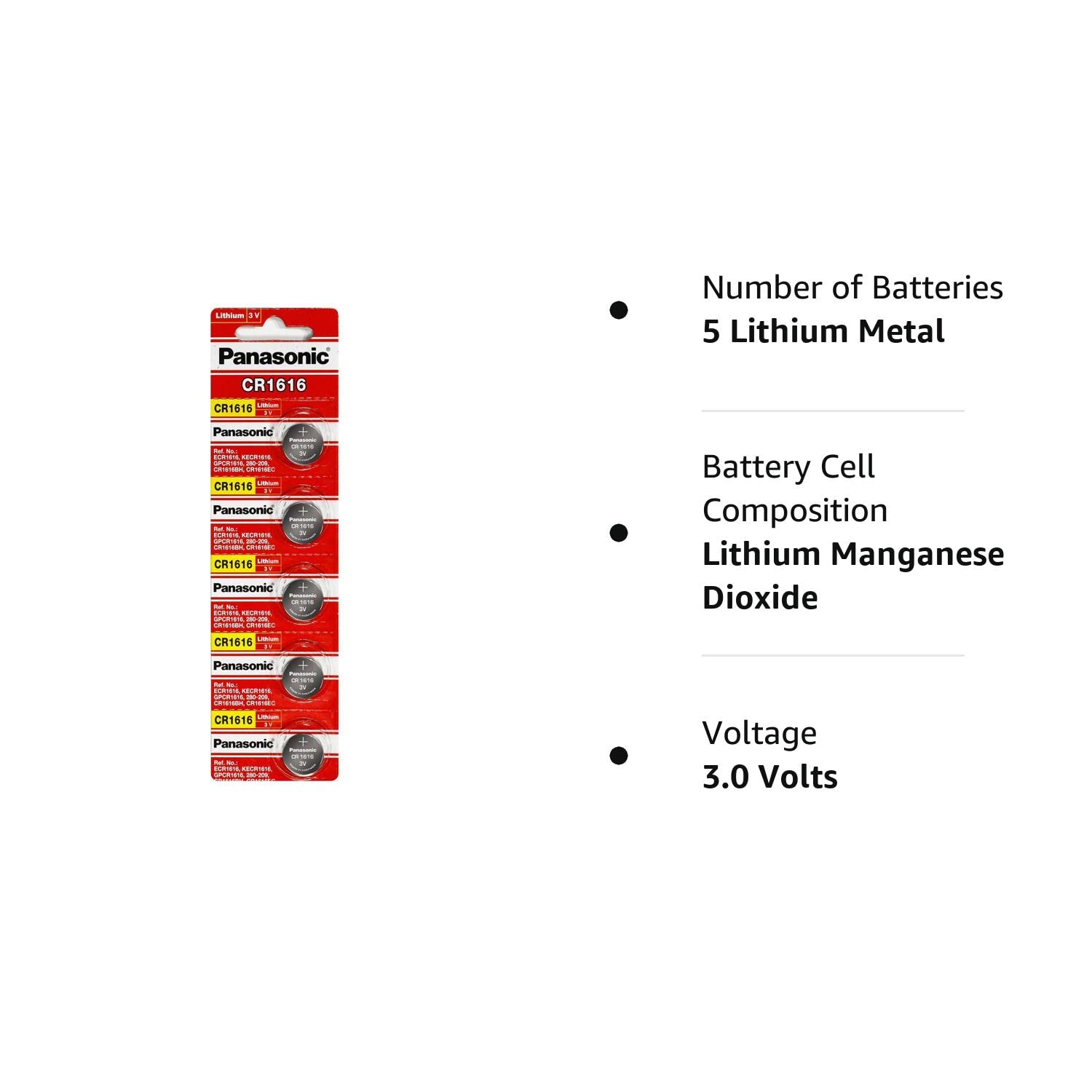 Panasonic CR1616 3V Coin Cell Lithium Battery, Retail Pack of 5