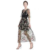 Women's Half Sleeves Sheer Floral Embroidered Tunic Dress with Cami Dress