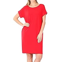 Women's Round Neck Rolled Sleeve Knee Length Tunic Shirt Dress with Pockets (Ruby, 1X)