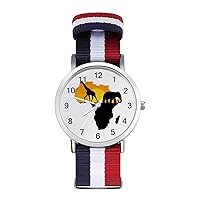Africa Map Animal Giraffe Elephant Nylon Watch Adjustable Wrist Watch Band Easy to Read Time with Printed Pattern Unisex