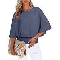 Dokotoo Womens Solid Short Sleeve Boat Crew Neck Chiffon Blouses 3/4 Sleeve Casual Dressy Shirts Batwing Dolman Top Tunic