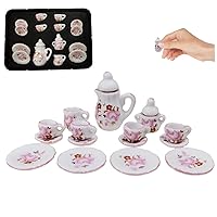 Doll House Small Tea Game, Miniature Tea Game at 15 Pieces 1:12, Porcelain Tea Cups, teapot, Rose Pattern Dishes Set of Dollhouse Tea for Dollhouse