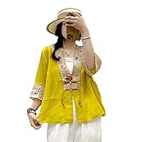 Ethnic Style Ramie Tea Suit Summer Buckle Embroidery Cardigan Female Literary Retro Loose Thin Shirt Female