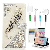 STENES Bling Wallet Phone Case Compatible with Samsung Galaxy S24 Plus 5G Case - Stylish - 3D Handmade Leopard Flowers Design Leather Girls Women Cover with Cable Protector [4 Pack] - Gold
