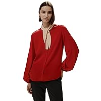 LilySilk Womens Pure Silk Shirt Ladies 18MM Contrasting Colors Tie Blouse with Long Lantern Sleeves for Casual Holiday