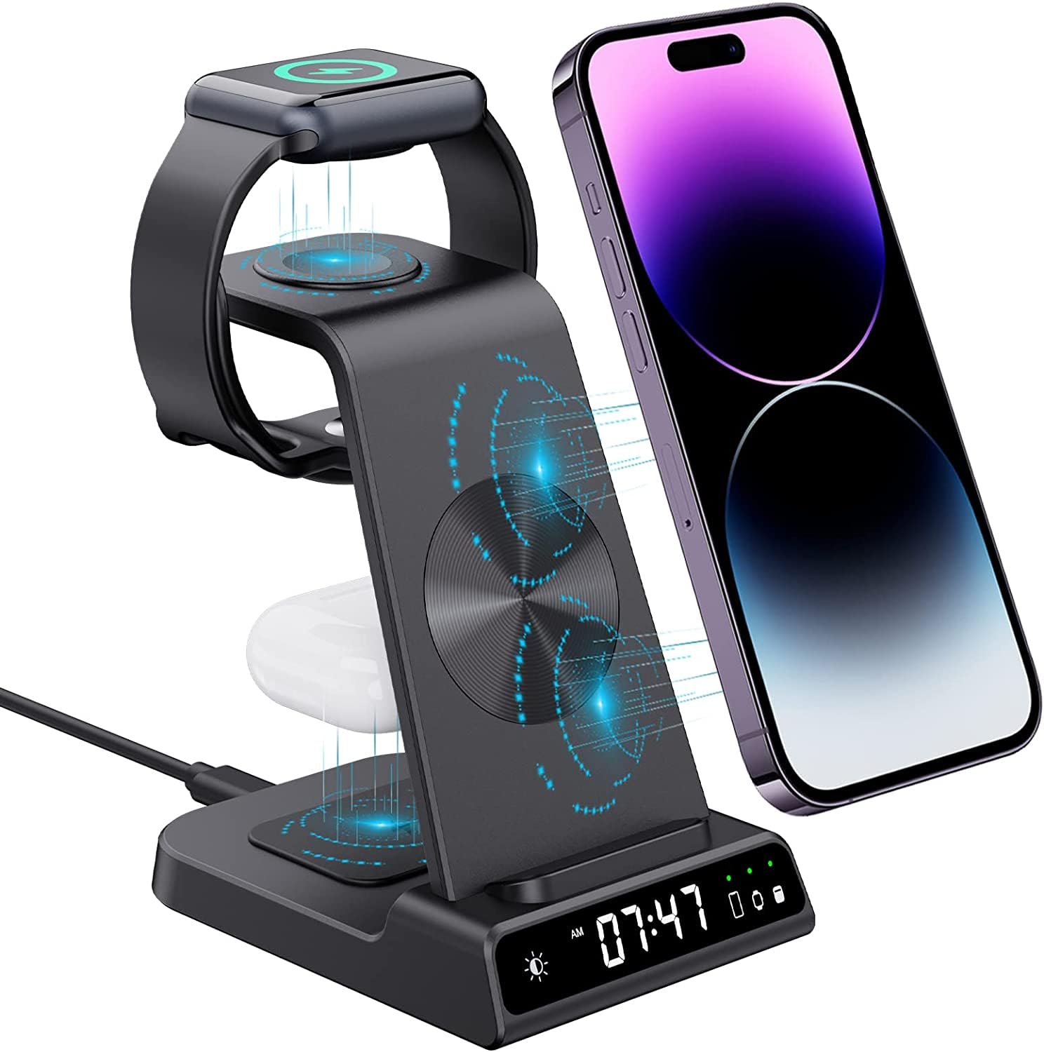 Wireless Charging Station, YiJYi 3 in 1 Watch Charger Stand with Digital Clock Suitable for iWatch SE/6/5/4/3/2/1,AirPods Pro, for iPhone 13/12/12 Pro Max/11 Series/XS/XR/X/8/Samsung Galaxy