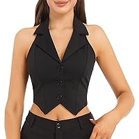 YiZYiF Womens Halter Neck Waistcoat Button Down Cropped Versatile Tuxedo Suit Vest Blazer Top