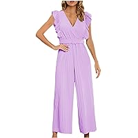 Womens Overalls Summer Casual Loose Sleeveless Wide Leg Jumpsuits Ruffle Long Romper Pleated Outfits Rompers
