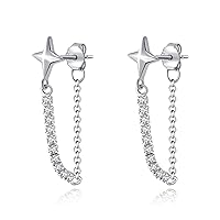 Solid 925 Sterling Silver Star Chain Stud Earrings Dangle for Women Teen Girls CZ Chain Drop Earrings Tassel