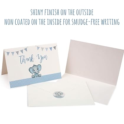 VNS Creations 50 Baby Shower Thank You Cards - Boy Baby Shower Thank You Cards- Baby Shower Cards - Elephant Baby Shower Thank You Cards - Baby Boy Shower Card with Envelopes & Stickers (Blue)