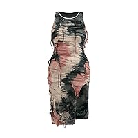 SOLY HUX Women's Plus Size Tie Dye Tank Dress Ripped Split Sleeveless Bodycon Midi Dresses