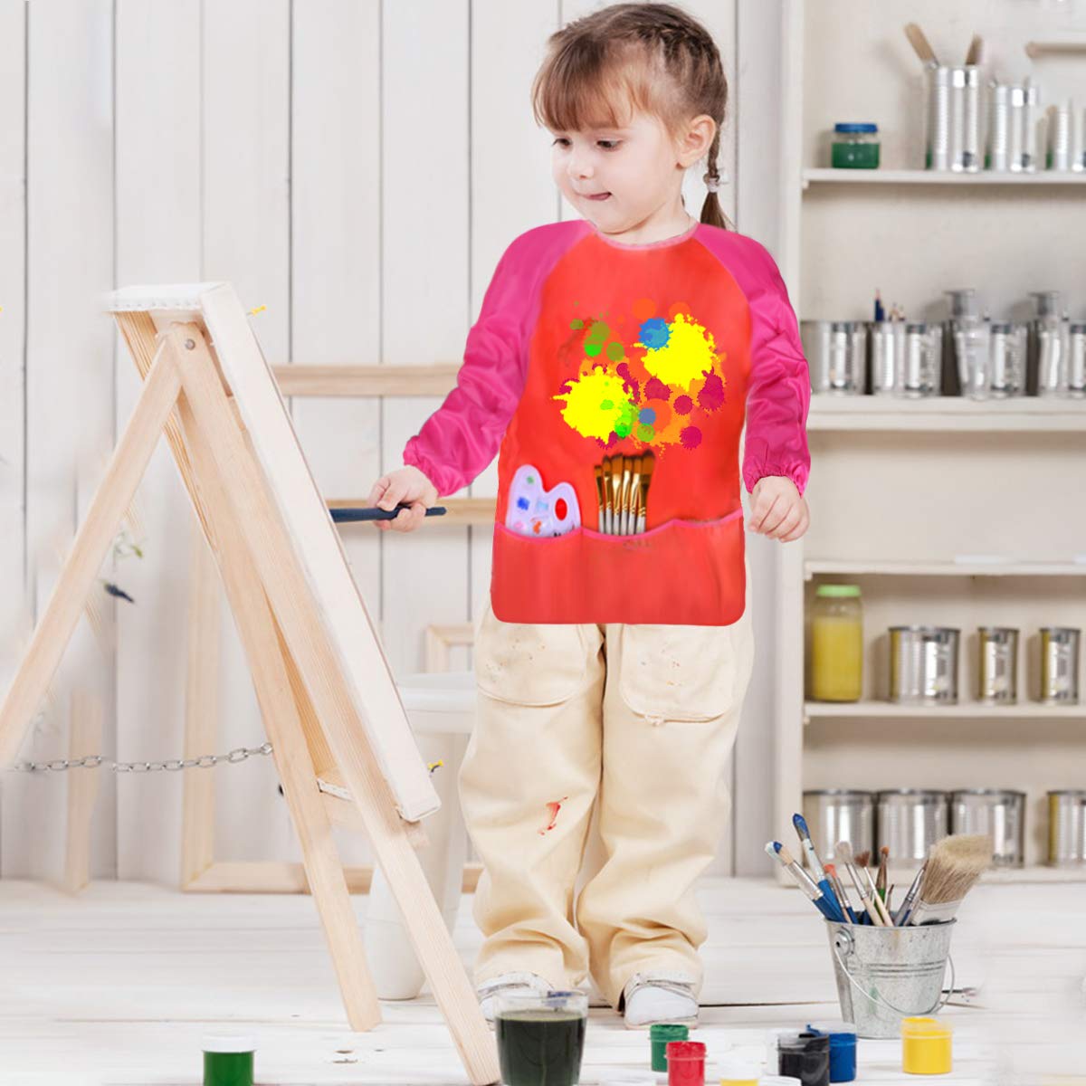 Dreampark 2 Pack Children Art Smock Kids Art Aprons with Waterproof Long Sleeve 3 Roomy Pockets, Ages 2-6, Red and Blue (Paints and Brushes not Included)