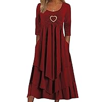 Women 2024 Fashion Crewneck Dresses Long Sleeve Swing Ruffle Irregular Hem A Line Flowy Pleated Maxi Dress