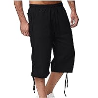 Mens Casual Soft Cotton Linen Long Shorts Drawstring Waist Knee Length Sport Running Lounge Work Shorts Capri Pants