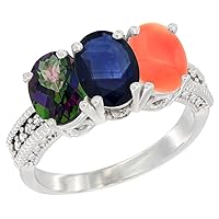 14K White Gold Natural Mystic Topaz, Blue Sapphire & Coral Ring 3-Stone 7x5 mm Oval Diamond Accent, Sizes 5-10