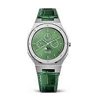 Valuchi Luxury Fashion Men's Moon Calendar Waterproof Stainless Steel Moon Phase Sapphire Glass Japan Quartz Analog Casual Watch with Date, Leather Silver Green, Classic