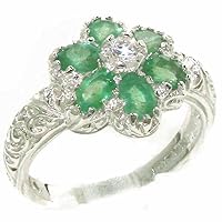 925 Sterling Silver Real Genuine Emerald & Diamond Womens Band Ring (0.09 cttw, H-I Color, I2-I3 Clarity)