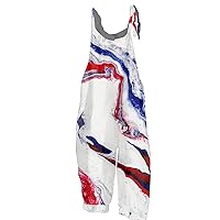 4th of July Rompers for Women America Flag Print Casual Loose Fit with Sleeveless Patriotic Jumpsuit With Pockets