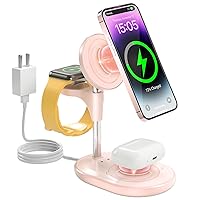Wireless Charging Station for iPhone, 3 in 1 Wireless Charger Stand Compatible with MagSafe Charger for iPhone 15 14 13 12 Pro Max/Plus/Pro Apple Watch AirPods, Gifts for Women (Pink)