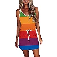 Womens Sleeveless Striped Summer Dresses V-Neck Adjustable Straps Color Block Sling Casual Evening Dress Sundresses