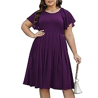Celkuser Plus Size Casual Summer Pleated Dress for Women Crew Neck Short Sleeve Flowy Swing Midi Dresses with Pockets