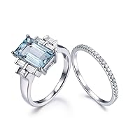 Blue Aquamarine Wedding Ring Set,6x11mm Emerald Cut Gem 14k White Gold Diamond Half Eternity Bridal Band