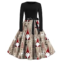 Womens Christmas Dress Women's Christmas Printed Flared Dress Round Neck Long Sleeve Dress Party Casual Dresses
