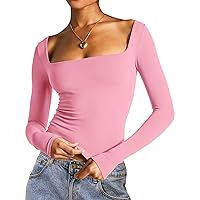 Women's Sexy Square Neck Long Sleeve Top Casual Slim Fitted T Shirt Going Out Y2K Crop Top