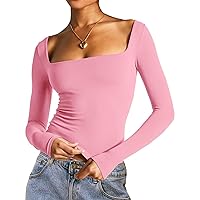 Women Sexy Square Neck Long Sleeve Top Slim Fit Going Out Tops Tight Tee Shirts Clean Girl Aesthetic Clothes