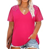 RITERA Plus Size Tops For Women Pearl Beaded Short Sleeve Shirt V Neck Blouses Chiffon Tunics Summer Tops