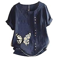 XJYIOEWT Shirts for Women Women's Summer Vintage Casual Loose Short Sleeve Pullover T Shirt Cotton Women's Clothing Cas