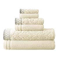 Modern Threads 6-Piece Damask Jacquard/Solid Ultra Soft 550GSM 100% Combed Cotton Towel Set with Embellished Borders [Ivory]
