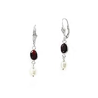 Sterling Silver Oval Crystal and Cultured Pearl Leverback Drop Earrings, Red
