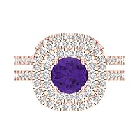 1.8ct Brilliant Round Cut Natural Amethyst 18K Rose Gold Halo Solitaire W/Accents Engagement Bridal Wedding ring band Set