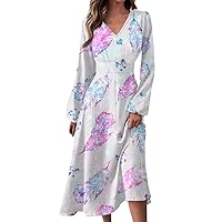 Women's 2024 Fall Midi Dress Casual Long Sleeve V Neck Floral Printed A Line High Waist Dress for Women