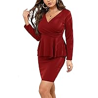 Remelon Women’s Sexy Long Sleeve Work Office Dresses Deep V Neck Ruffle Bodycon Business Cocktail Party Pencil Dress