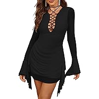 Parthea Women's Sexy Long Sleeve Dress V Neck Front Crisscross Ruched Mesh Cocktail Party Mini Dresses