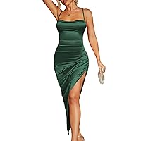 Women's Satin Lace up Backless High Slit Dress Asymmetric Hem Club Clubwear Midi Elegant Dresses for Evening Party