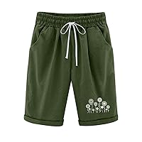 Bermuda Shorts for Women High Waisted Cotton Linen Elastic Drawstring Summer Casual Loose Fit Dandelion Print Shorts