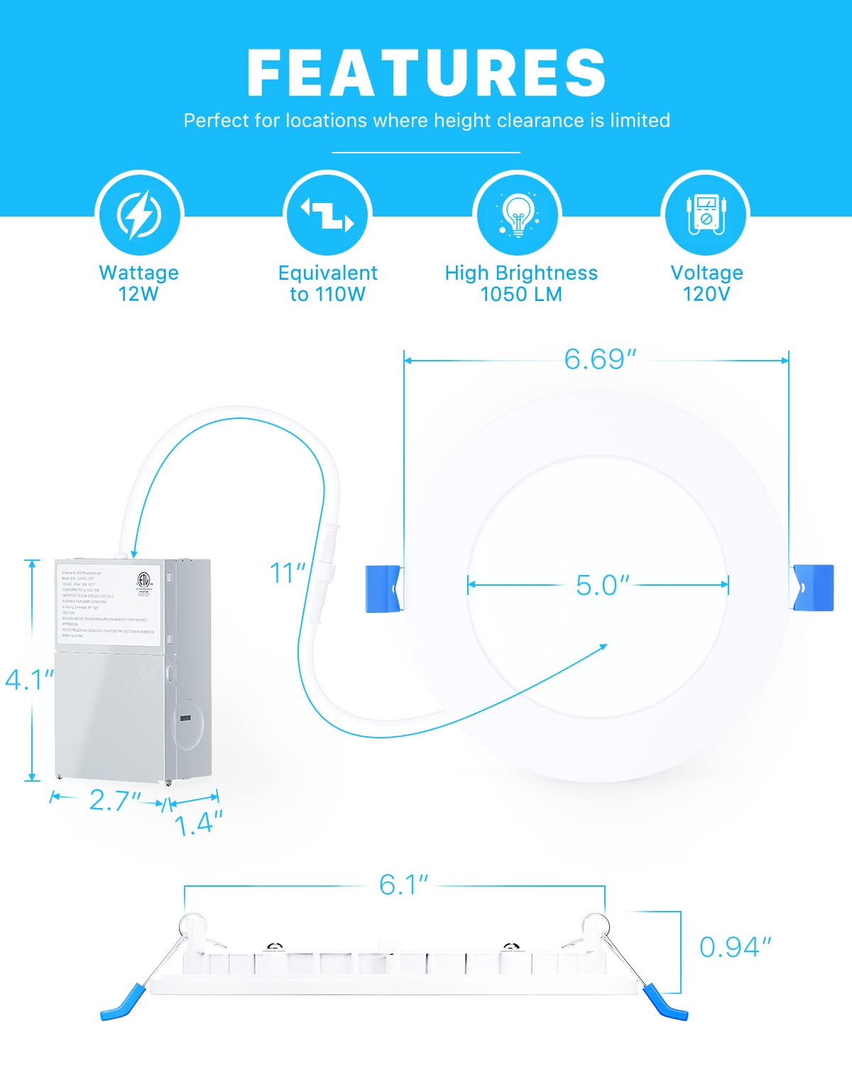 Ensenior 12 Pack 6 Inch Ultra-Thin LED Recessed Light with Junction Box, 2700K-6000K Selectable, 12W 110W Eqv, Dimmable, 1050LM High Brightness - ETL Certified